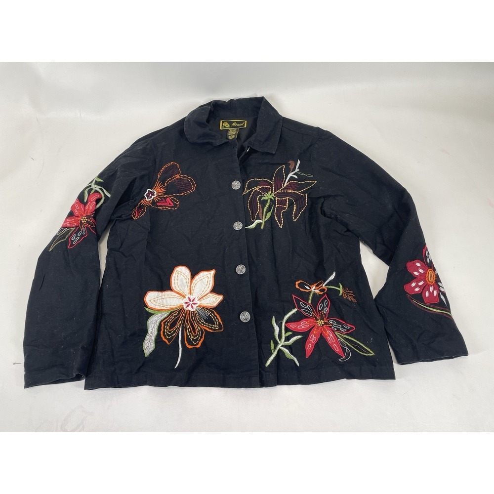 Mirasol Floral Embroidered Button Front Top Womens Size L Black